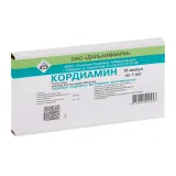 Упаковка: Кордиамин 250 мг/мл, 1 мл, 10 шт, раствор для инъекций