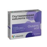 Упаковка: Витамир Глутаминовая кислота 500мг таблетки покрытые оболочкой кишечнораств. 615мг № 30 БАД
