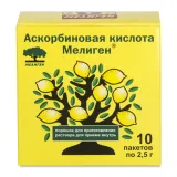 Упаковка: Аскорбиновая кислота Мелиген БАД порошок для приготовления раствора 2,5 г, 10 шт.