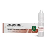 Упаковка: Цикатамид, капли для глаз 2 мг/мл+20 мг/мл+0,675 мг/мл, флакон-капельница 10 мл