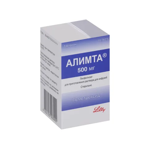 Упаковка: Алимта 500 мг, лиофилизат для приготовления раствора для инфузий