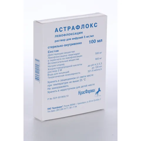 Упаковка: Левофлоксацин Астрафлокс 5 мг/мл, 100 мл, раствор для инфузий