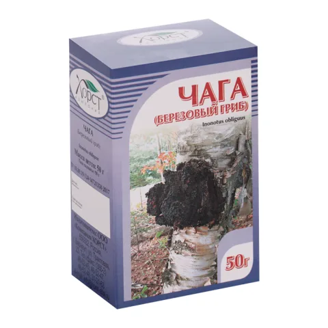 Упаковка: Чага (березовый гриб), 50 г, сырье растительное измельченное (пищ)