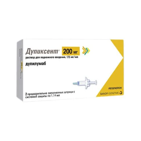 Упаковка: Дупиксент 175 мг/мл, 1,14 мл, 2 шт, раствор для подкожного введения