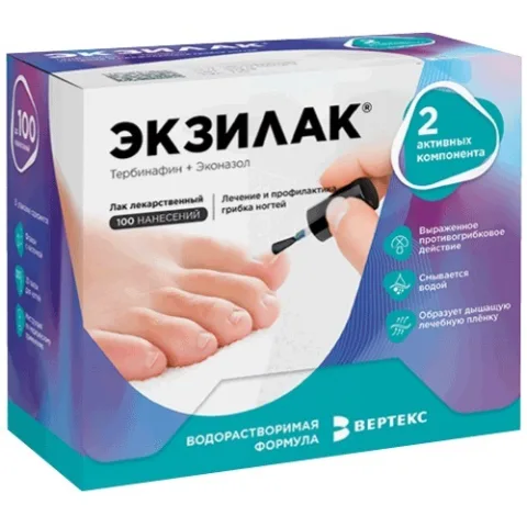 Упаковка: Экзилак, лак для ногтей 4 %+3 %, 10 г (+ пилочка)