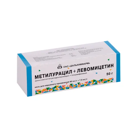 Упаковка: Метилурацил+Левомицетин 40 мг/г+7.5 мг/г, 50 г, мазь для наружного применения