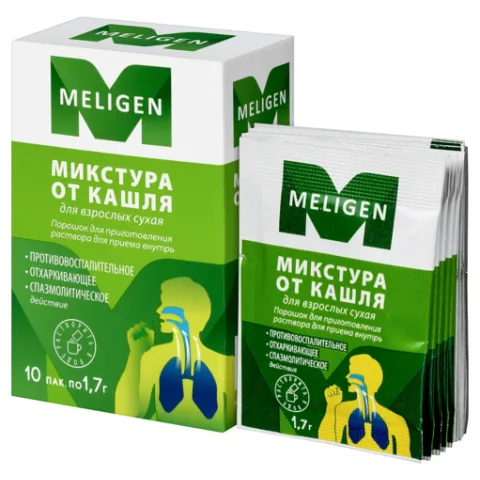 Упаковка: Микстура от кашля для взрослых сухая 1.7 г, 10 шт, порошок для приготовления раствора для приема внутрь Мелиген