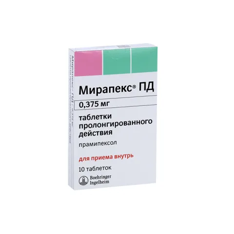 Упаковка: Мирапекс ПД 0.375 мг, 10 шт, таблетки пролонгированного действия
