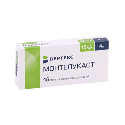 Упаковка: Монтелукаст 4 мг, 15 шт, таблетки жевательные для детей
