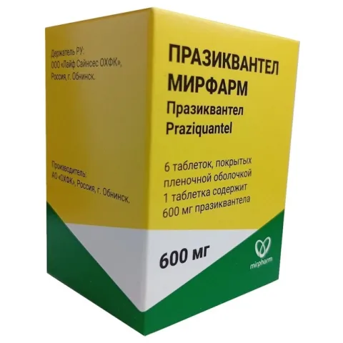 Упаковка: Празиквантел Мирфарм 600 мг, 6 шт, таблетки покрытые пленочной оболочкой банка