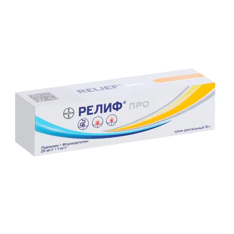 Упаковка: Релиф Про 20 мг/г+1 мг/г, 10 г, крем ректальный