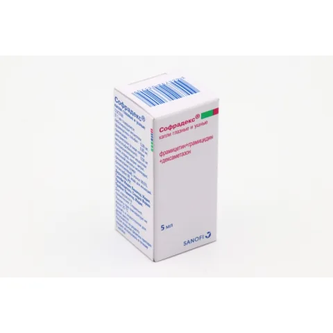 Упаковка: Софрадекс, 5 мл, капли глазные и ушные