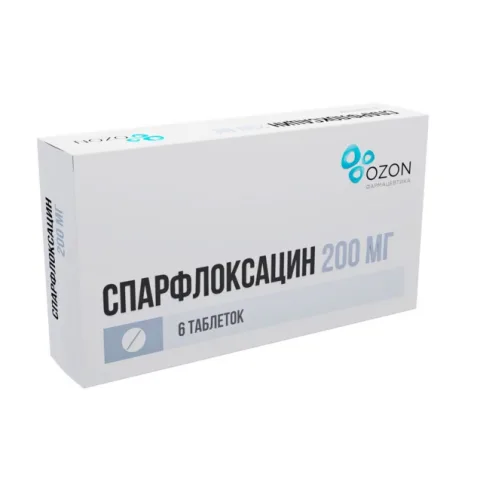 Упаковка: Спарфлоксацин 200 мг, 6 шт, таблетки покрытые пленочной оболочкой