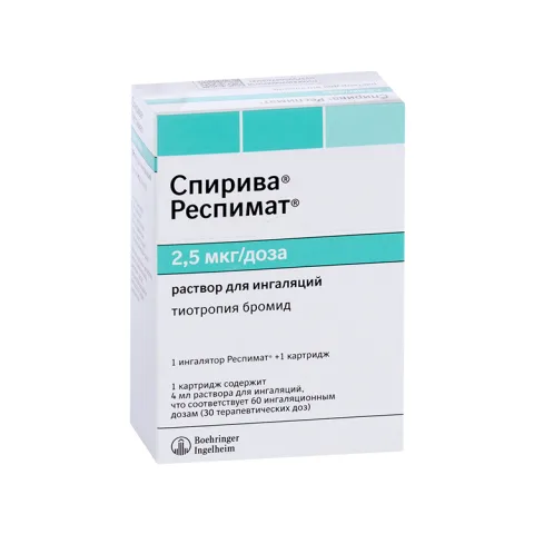 Упаковка: Спирива Респимат 2.5 мкг/доза, 4 мл, раствор для ингаляций (Д)
