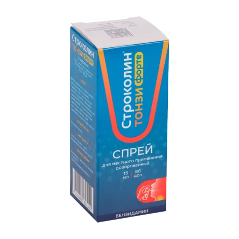 Упаковка: Строколин Тонзи Форте 0.510 мг/доза, 15 мл, спрей для местного применения дозированный (88 доз)