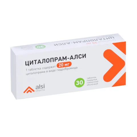 Упаковка: Циталопрам-АЛСИ 20 мг, 30 шт, таблетки покрытые пленочной оболочкой