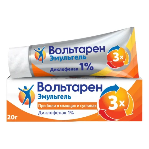 Упаковка: Вольтарен Эмульгель 1% при боли в спине, мышцах и суставах, диклофенак 1%, 20 г