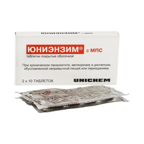 Упаковка: Юниэнзим с МПС таблетки покрытые оболочкой №20